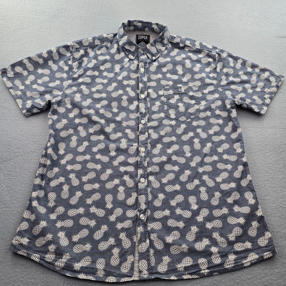 Super Massive Shirt Men Large Dark Blue Pineapple Print Short Sleeve Button Down